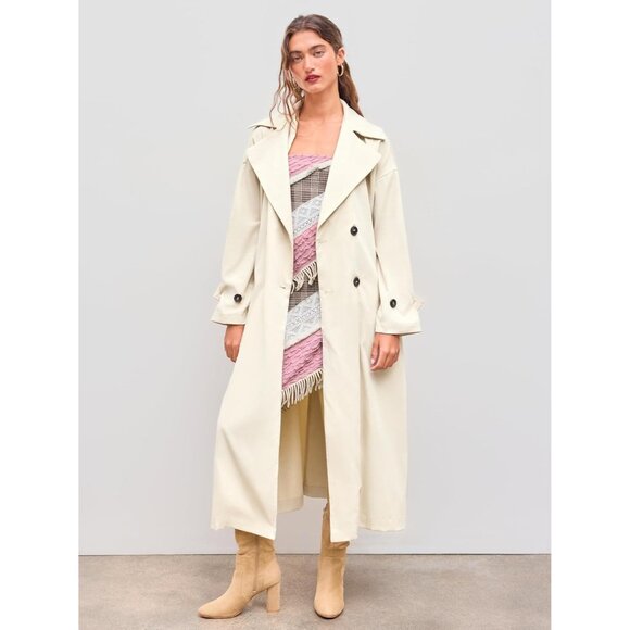 Women's Khaki  Oversized Solid Collar Long Trench Coat With Belt - Picture 2 of 8